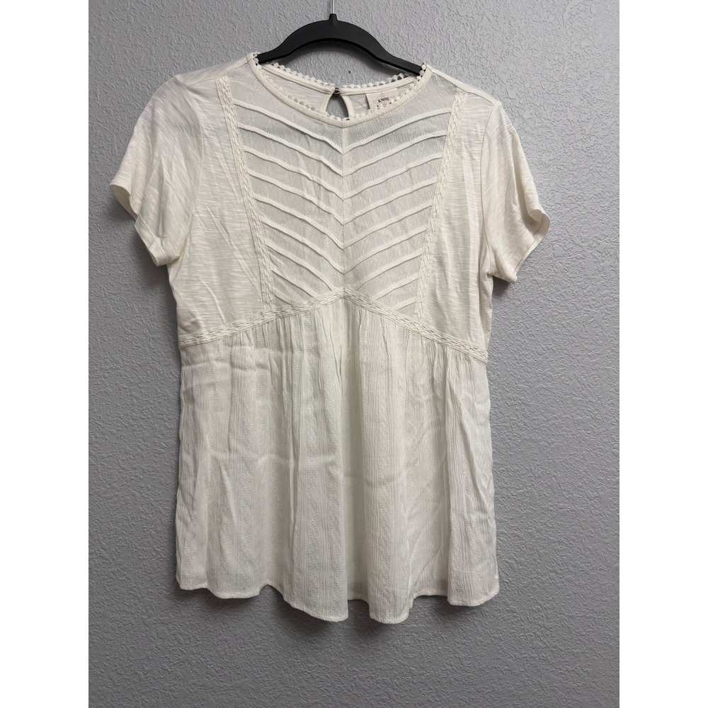 Knox Rose XS White Boho Babydoll Top Short Sleeve Lace Trim Crochet Flaw